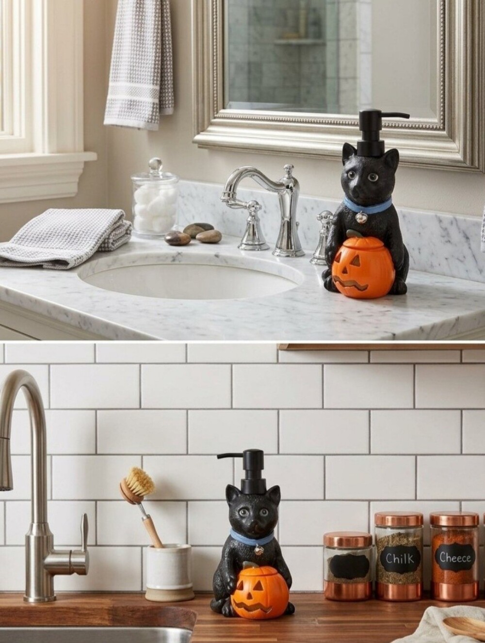 New! Black Cat W/Lighted Pumpkin Soap/Lotion Dispenser Halloween. - Picture 2 of 10